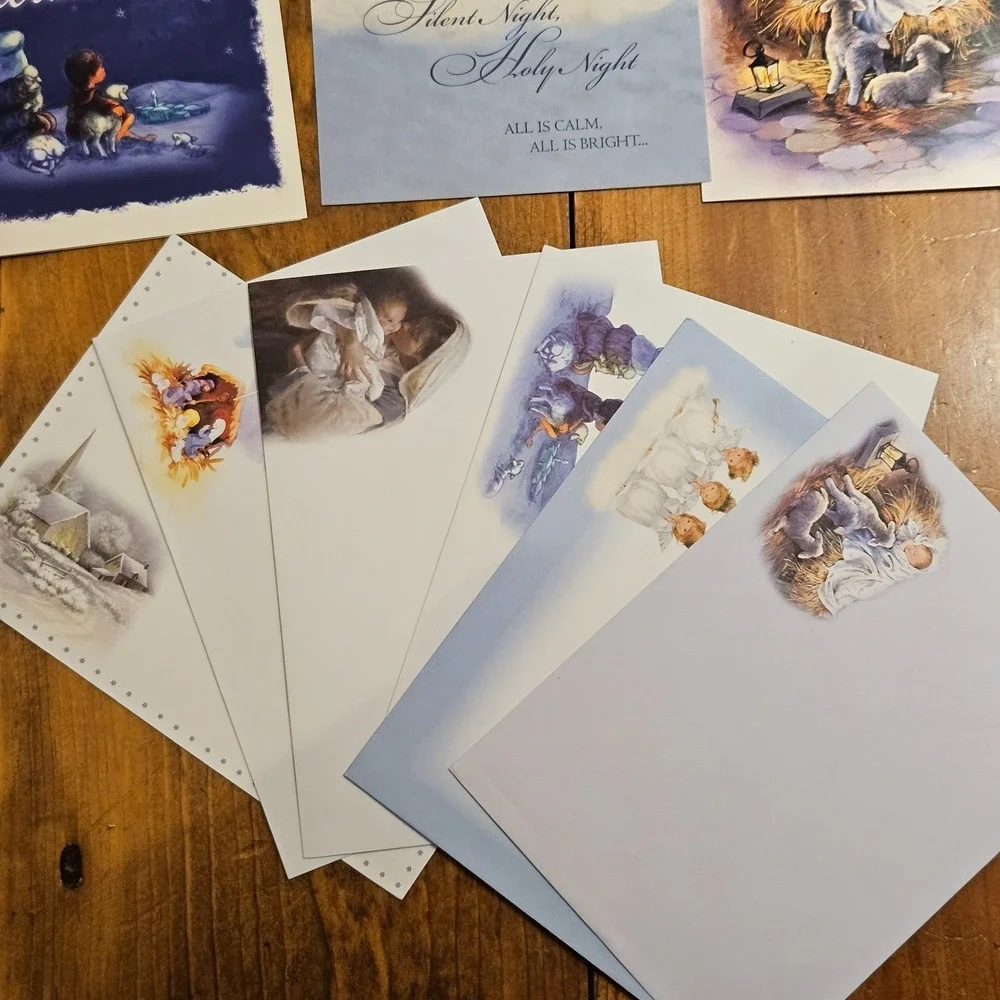 Vintage Religious Christmas Card & Matching Envelopes Lot Nativity Angels